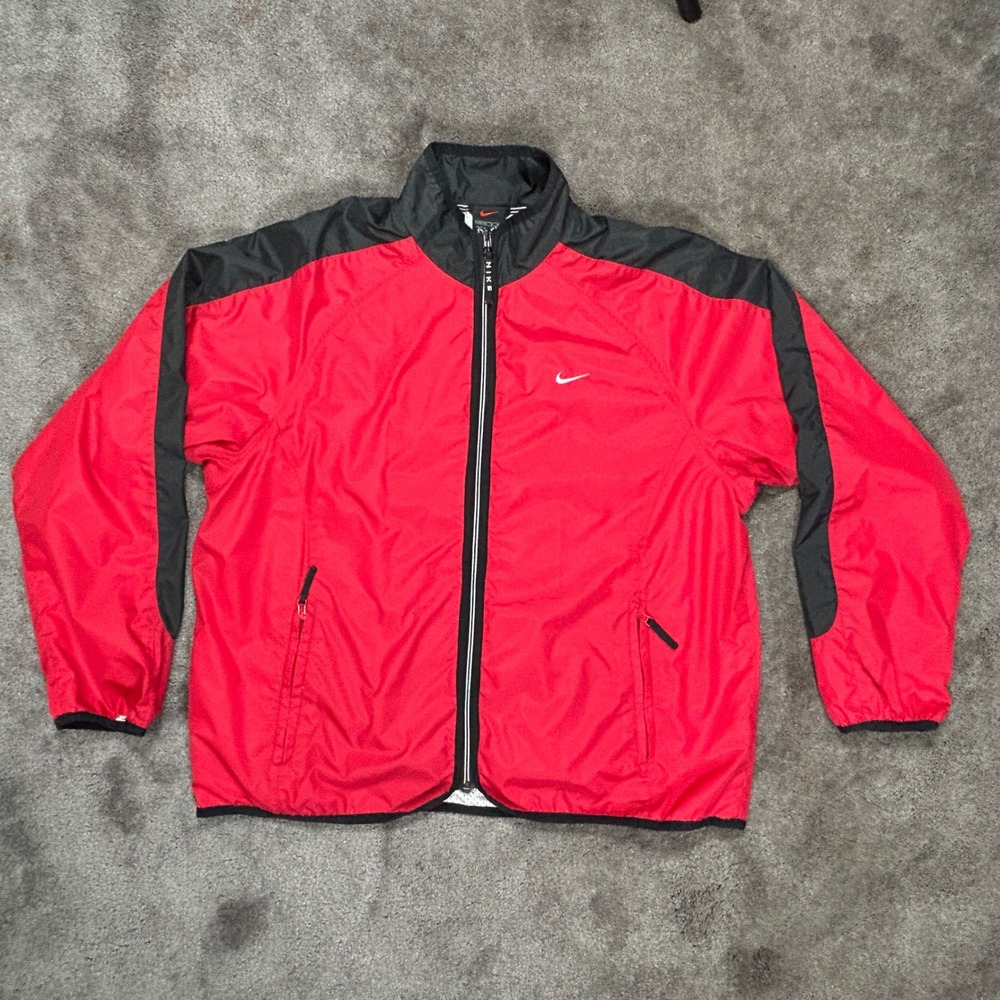 Nike Windbreaker Jacket Mens Medium Red Black Full Zip Mesh Lined Big Logo